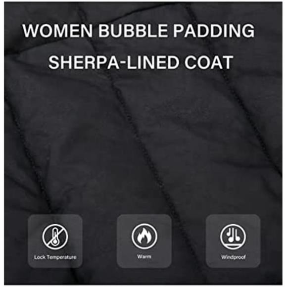 Women's Puffer Jacket Faux Leather Bubble Padding Sherpa-Lined Coat, Black - Picture 5 of 6